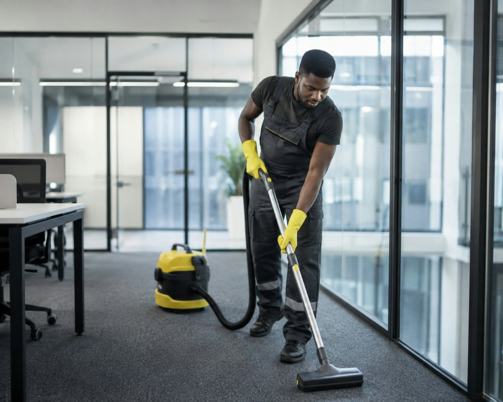 Cleaner vacuuming an office floor